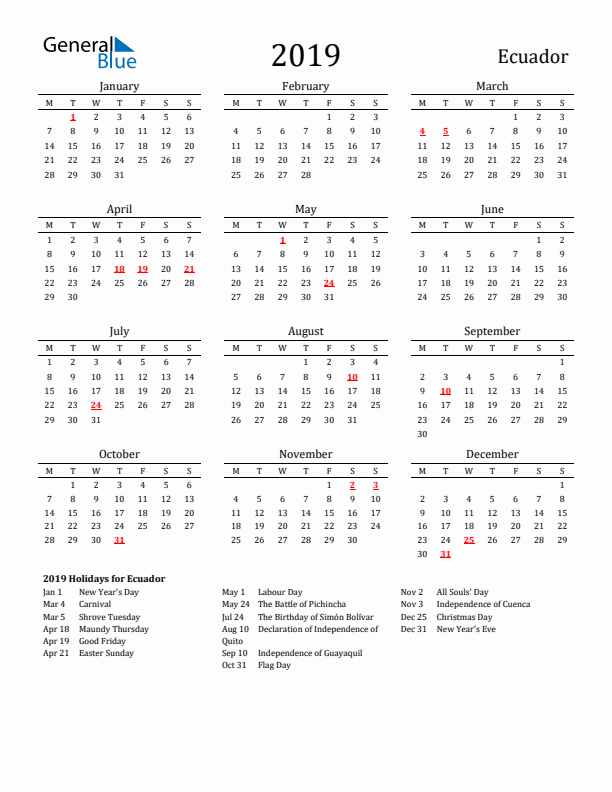 Ecuador Holidays Calendar for 2019