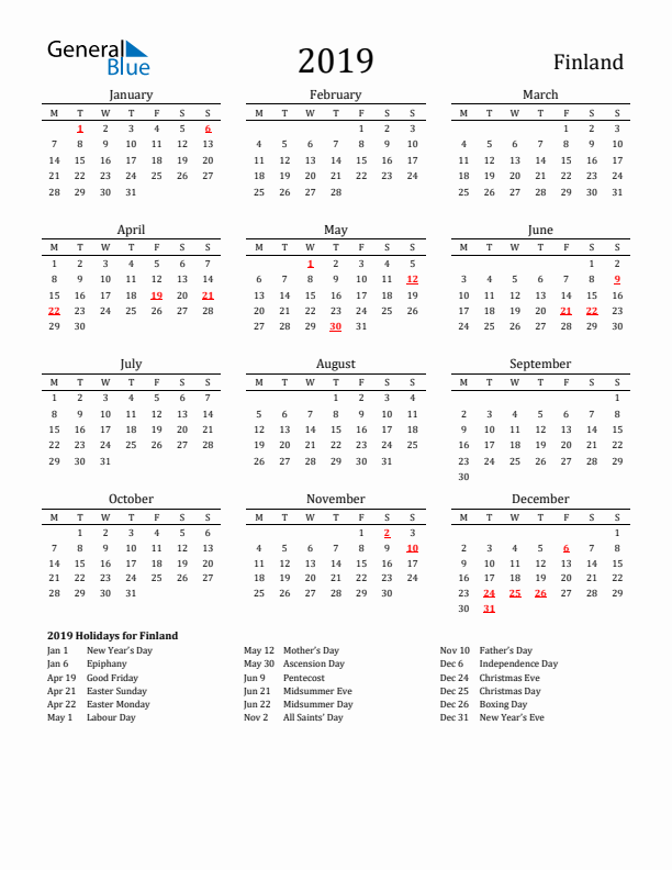 Finland Holidays Calendar for 2019