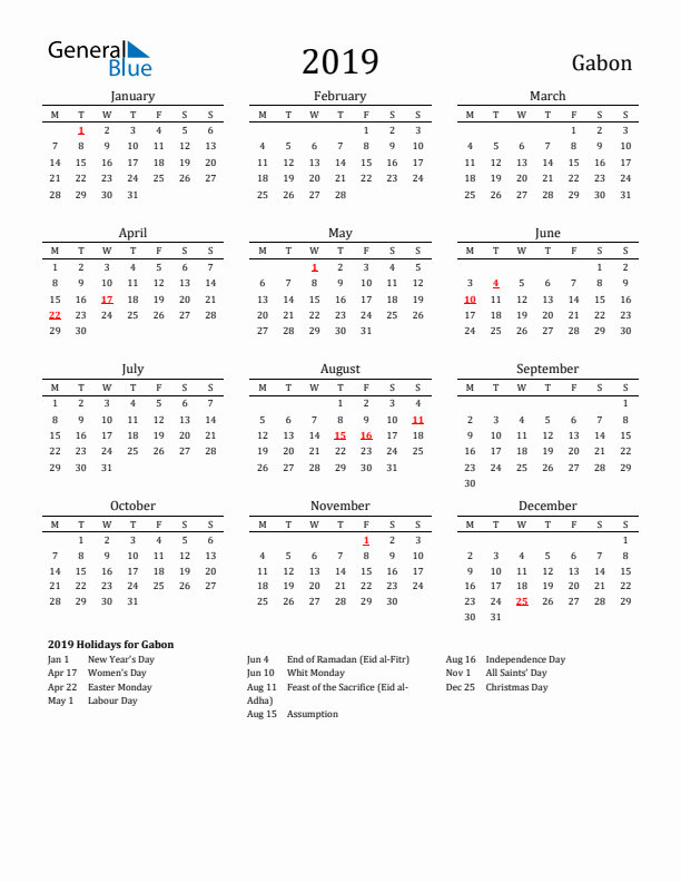 Gabon Holidays Calendar for 2019