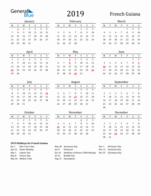 French Guiana Holidays Calendar for 2019