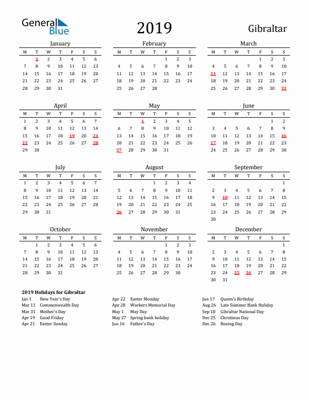 Gibraltar Holidays Calendar for 2019