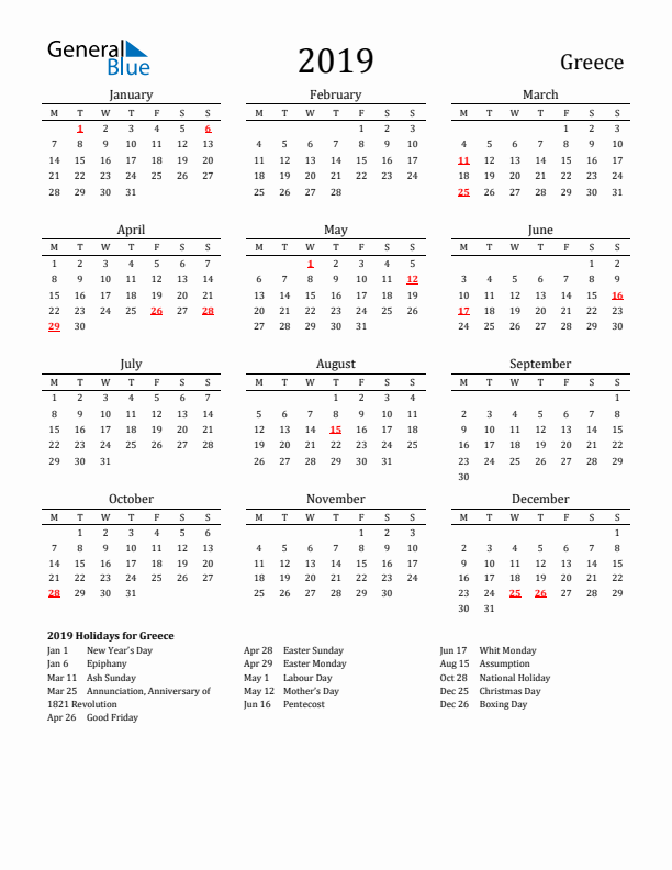 Greece Holidays Calendar for 2019