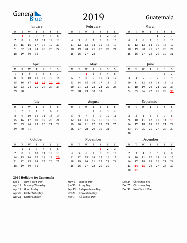 Guatemala Holidays Calendar for 2019