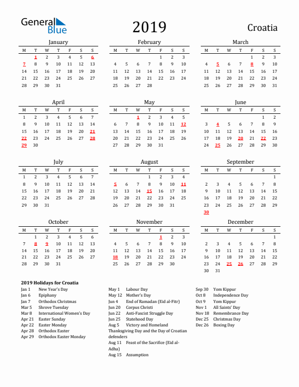 Croatia Holidays Calendar for 2019