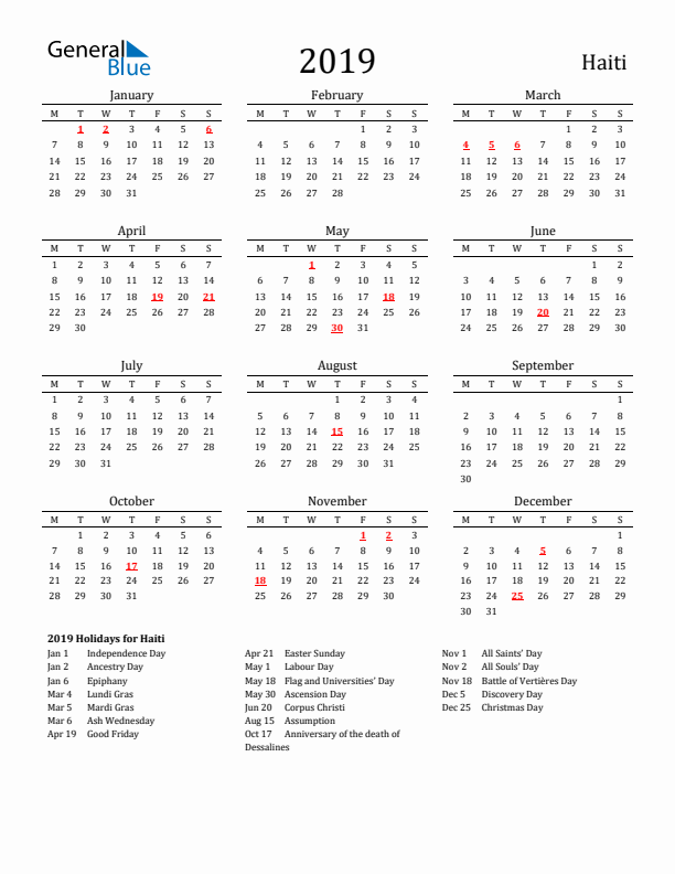 Haiti Holidays Calendar for 2019