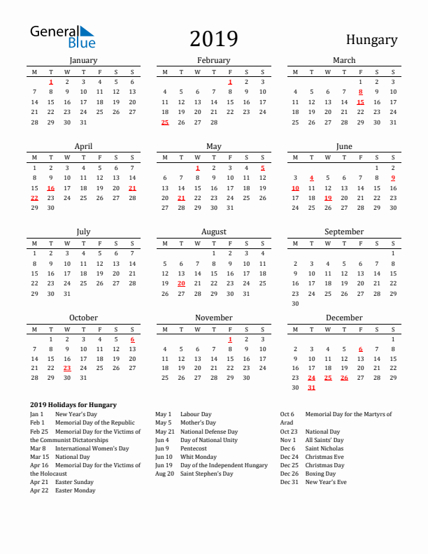 Hungary Holidays Calendar for 2019