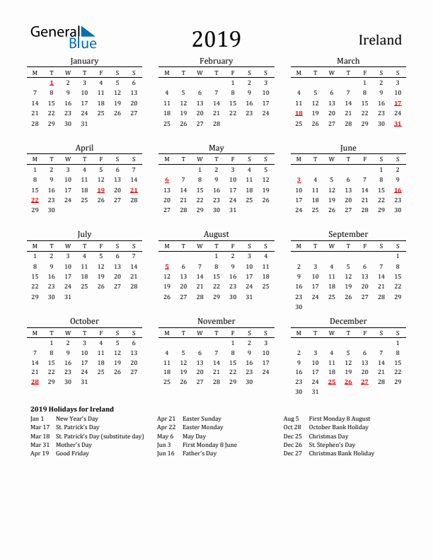 Ireland Holidays Calendar for 2019