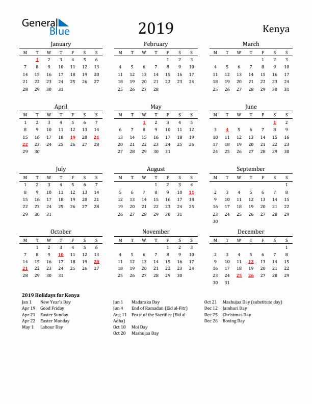 Kenya Holidays Calendar for 2019