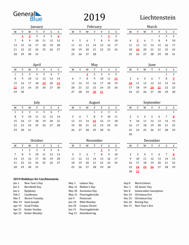 Liechtenstein Holidays Calendar for 2019
