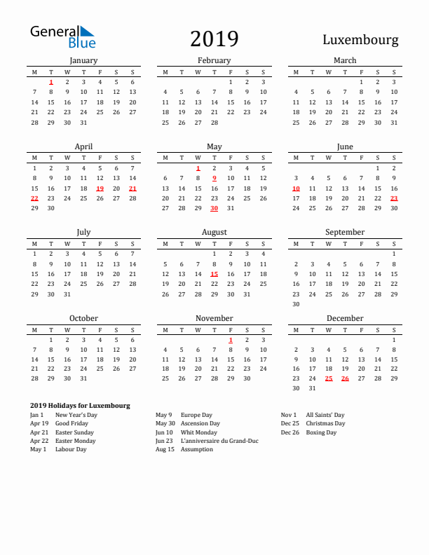 Luxembourg Holidays Calendar for 2019
