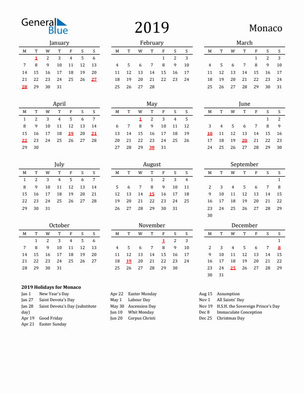 Monaco Holidays Calendar for 2019
