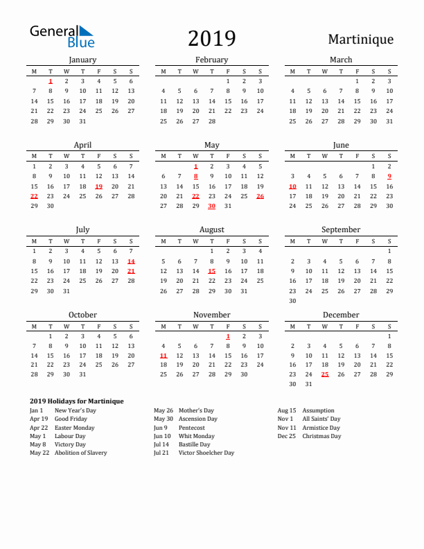 Martinique Holidays Calendar for 2019