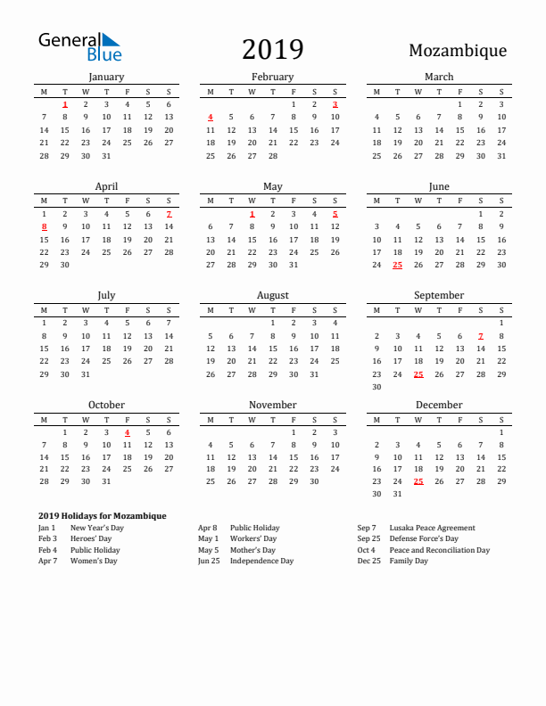 Mozambique Holidays Calendar for 2019