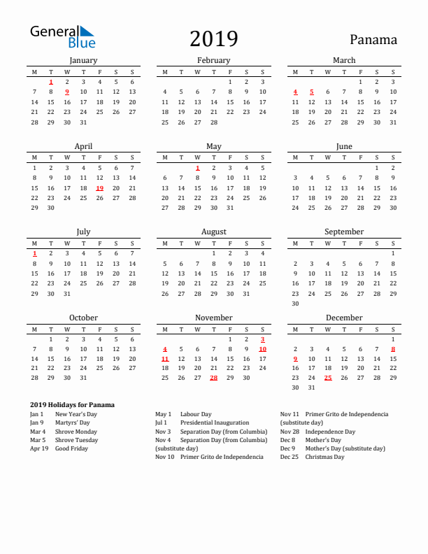 Panama Holidays Calendar for 2019