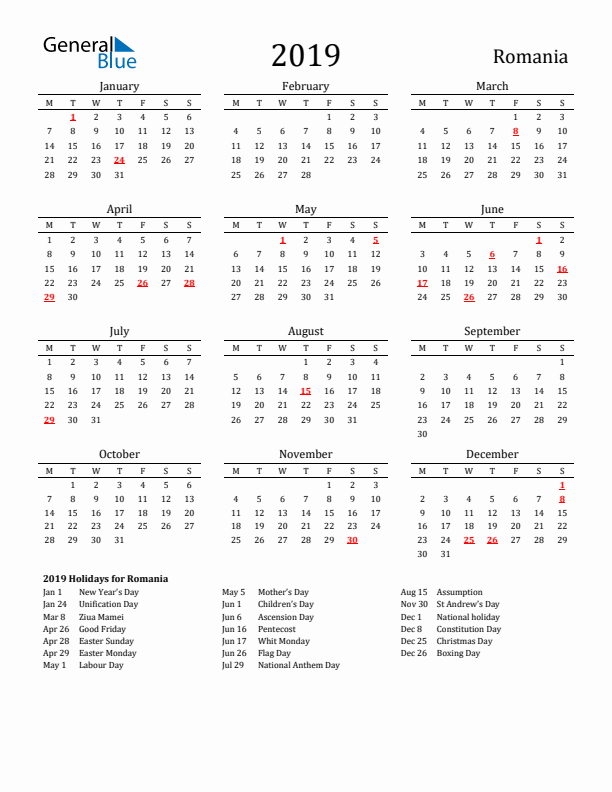 Romania Holidays Calendar for 2019