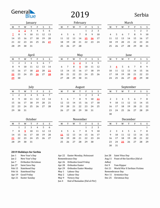 Serbia Holidays Calendar for 2019