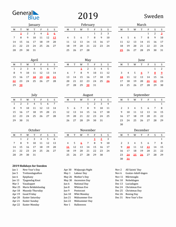 Sweden Holidays Calendar for 2019