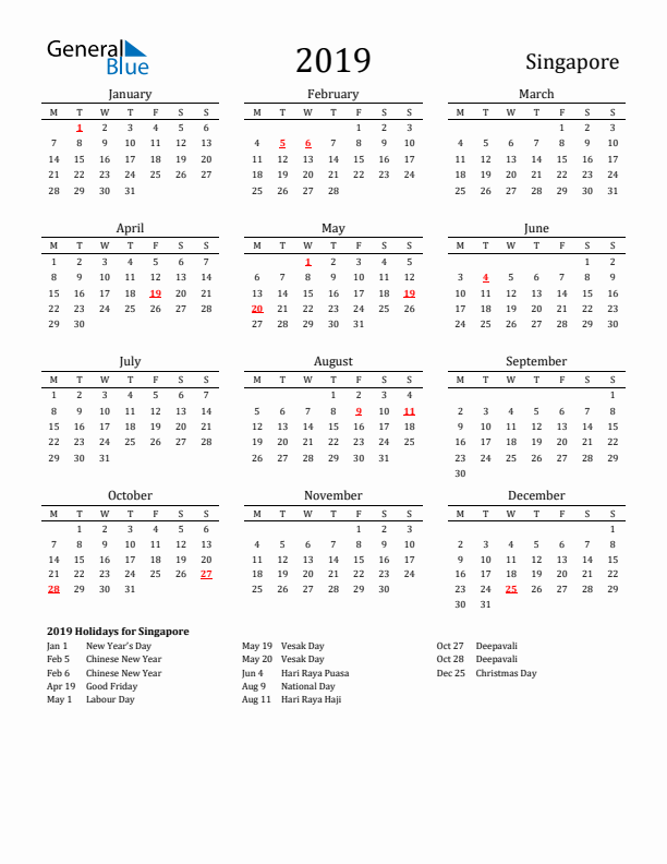 Singapore Holidays Calendar for 2019