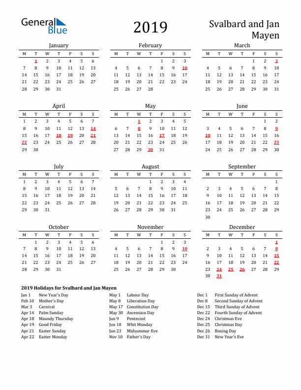 Svalbard and Jan Mayen Holidays Calendar for 2019