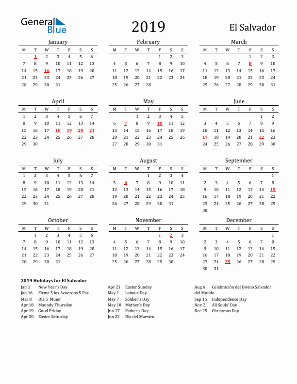 El Salvador Holidays Calendar for 2019