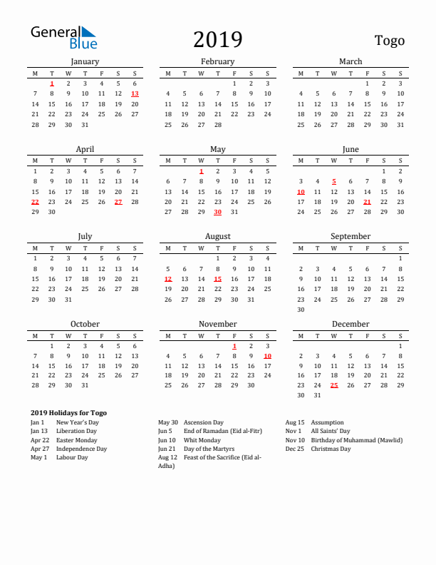Togo Holidays Calendar for 2019