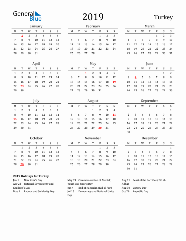 Turkey Holidays Calendar for 2019