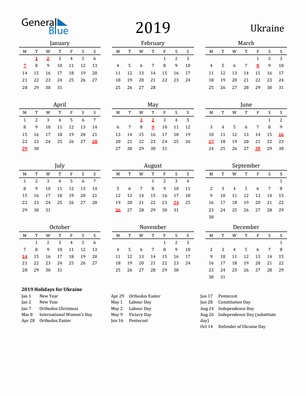 Ukraine Holidays Calendar for 2019
