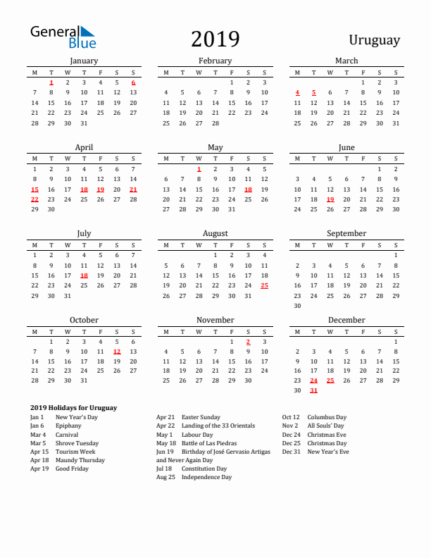 Uruguay Holidays Calendar for 2019