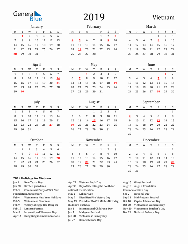 Vietnam Holidays Calendar for 2019