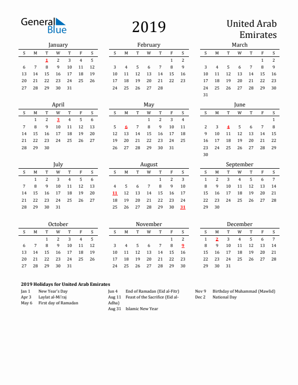 United Arab Emirates Holidays Calendar for 2019