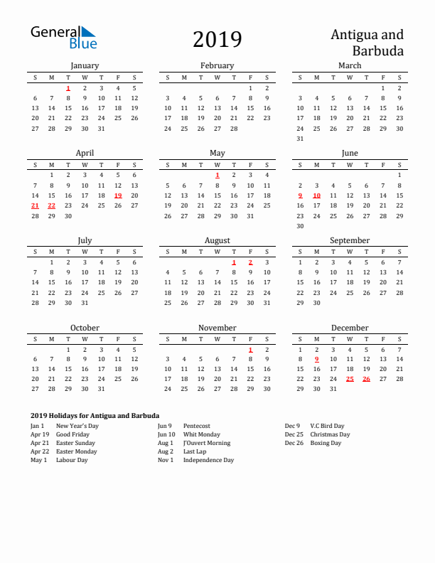 Antigua and Barbuda Holidays Calendar for 2019
