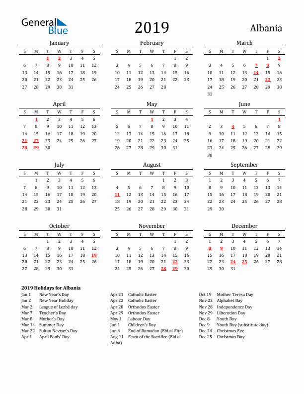 Albania Holidays Calendar for 2019