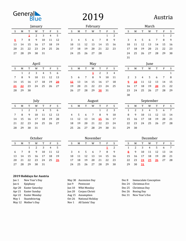 Austria Holidays Calendar for 2019
