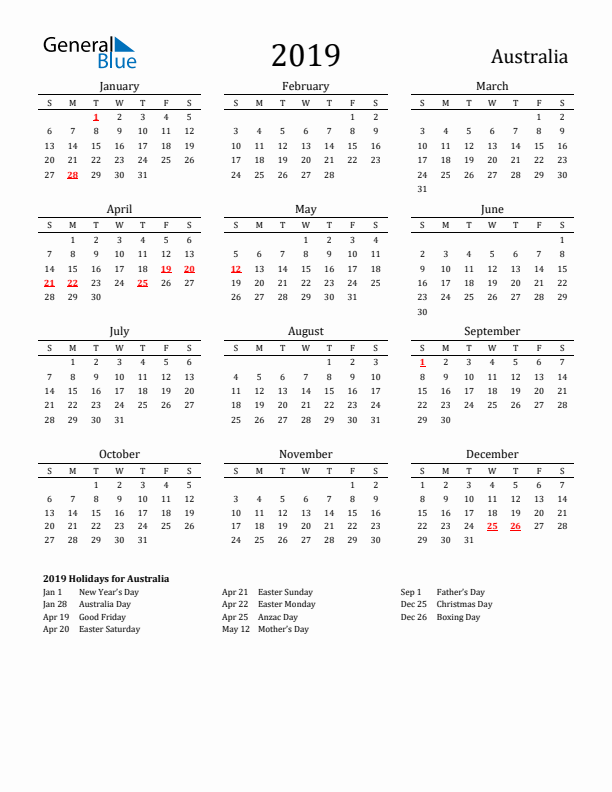Australia Holidays Calendar for 2019