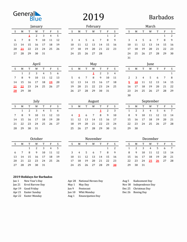 Barbados Holidays Calendar for 2019
