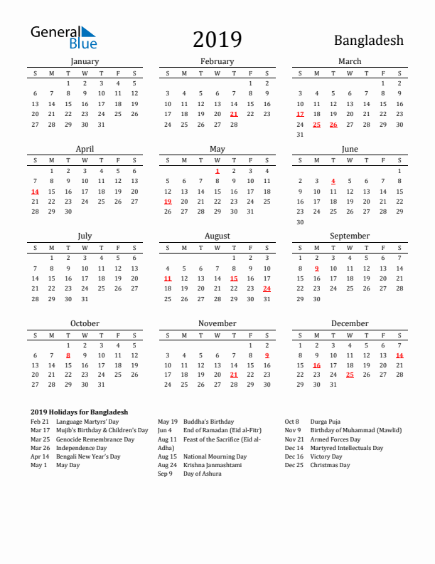 Bangladesh Holidays Calendar for 2019