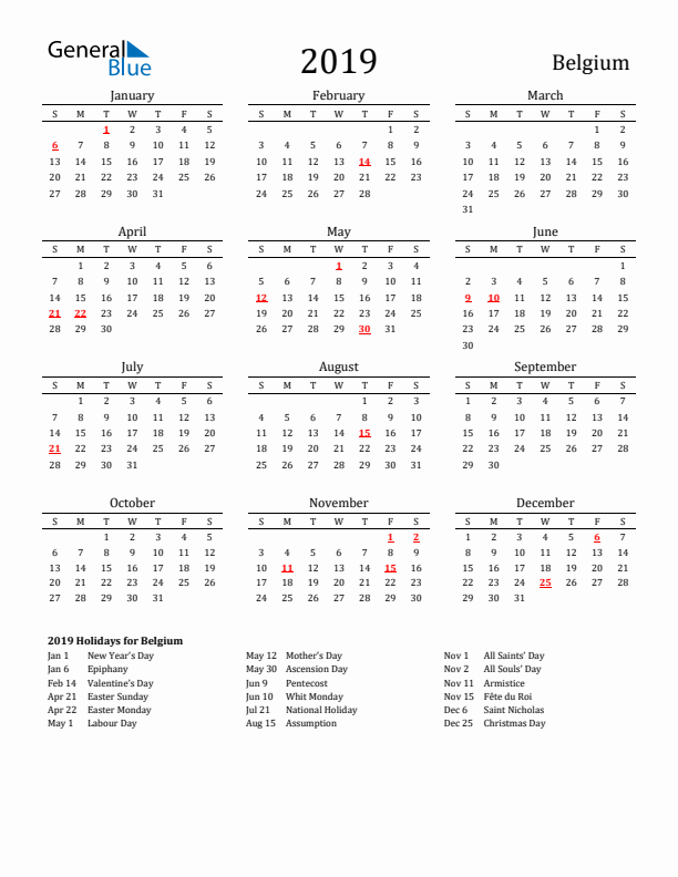 Belgium Holidays Calendar for 2019