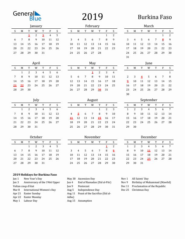 Burkina Faso Holidays Calendar for 2019