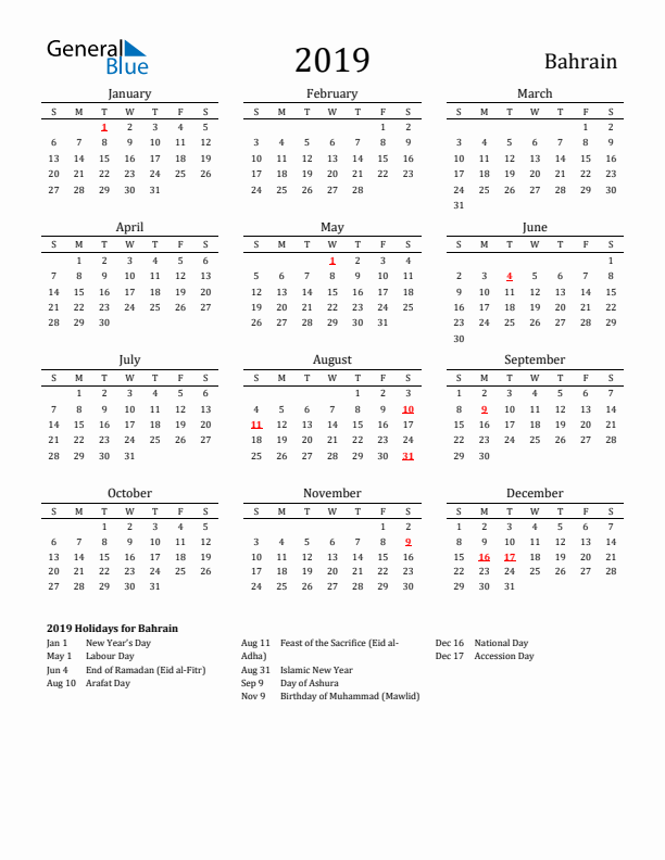 Bahrain Holidays Calendar for 2019