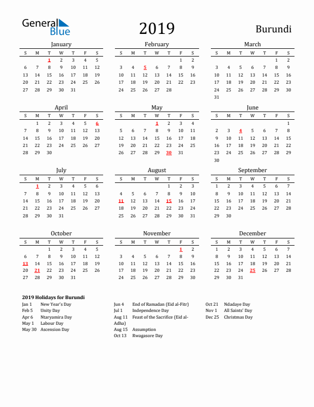 Burundi Holidays Calendar for 2019