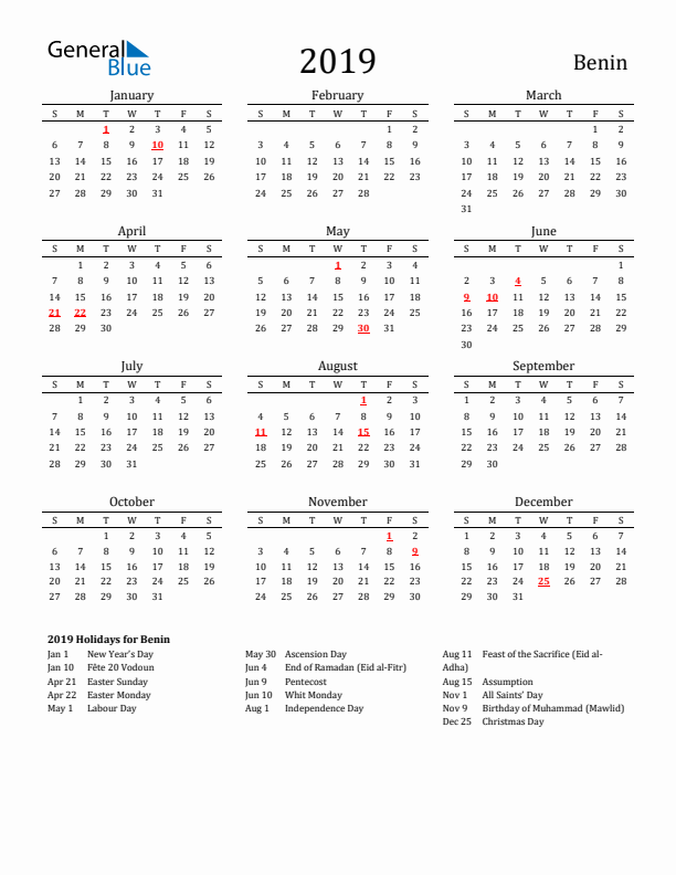 Benin Holidays Calendar for 2019