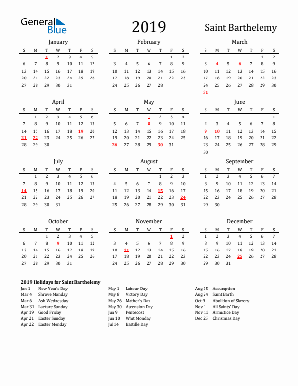 Saint Barthelemy Holidays Calendar for 2019