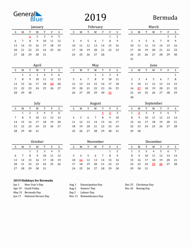 Bermuda Holidays Calendar for 2019