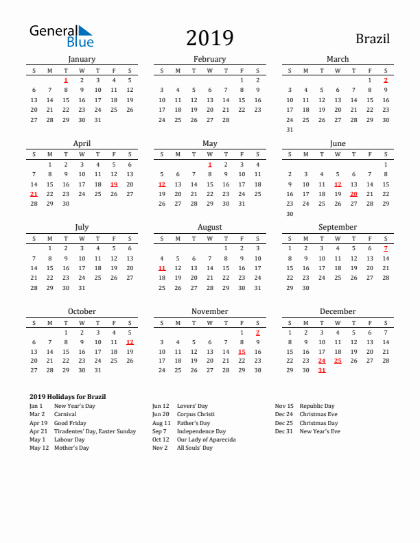 Brazil Holidays Calendar for 2019