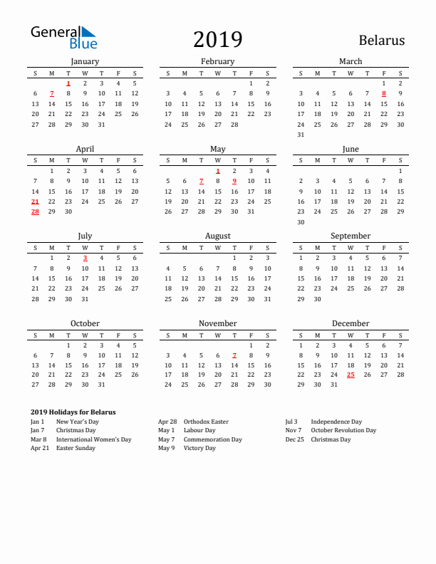 Belarus Holidays Calendar for 2019