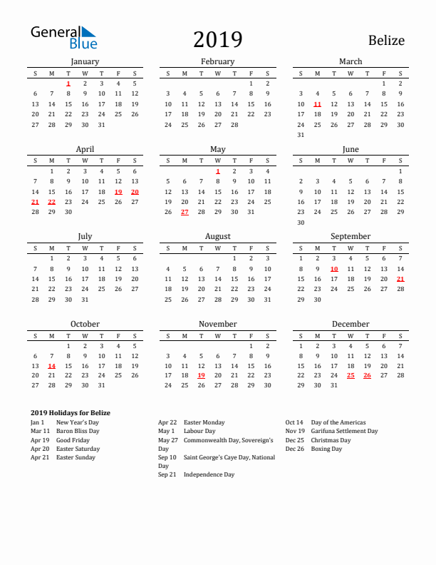Belize Holidays Calendar for 2019