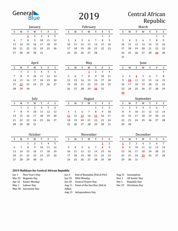 Central African Republic Holidays Calendar for 2019