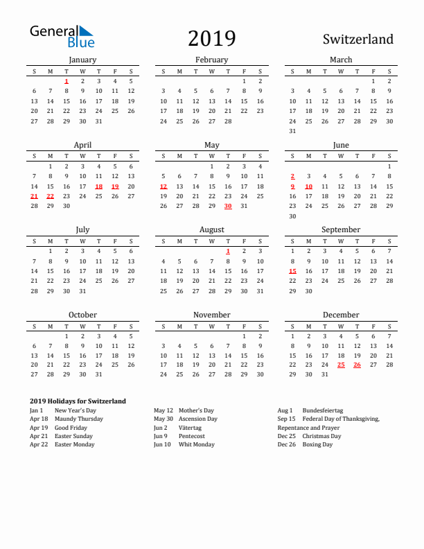 Switzerland Holidays Calendar for 2019