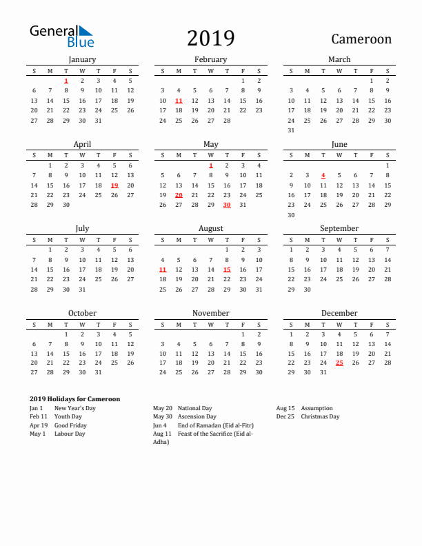 Cameroon Holidays Calendar for 2019