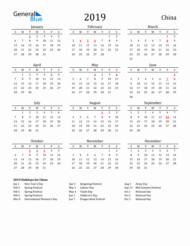 China Holidays Calendar for 2019
